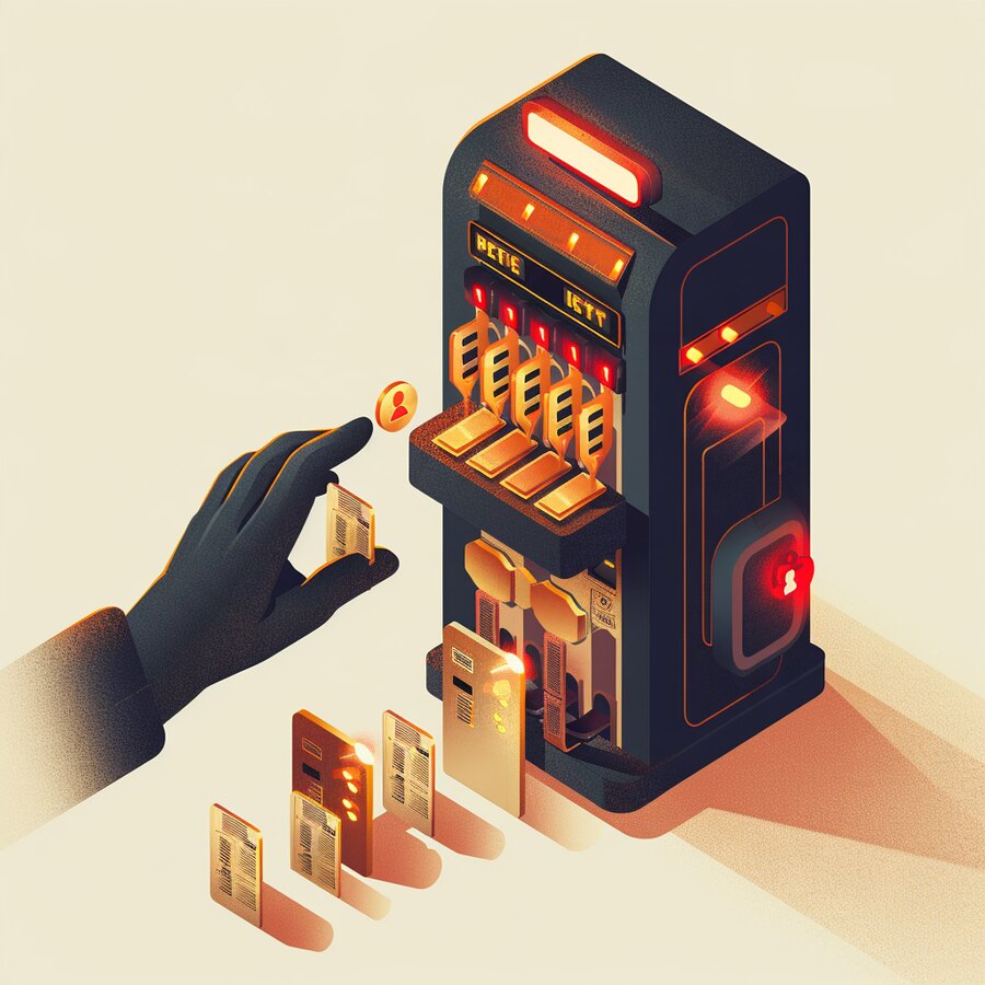 A token-dispensing machine handing out glowing golden access badges as a shadowy hand seizes one, a red warning glow