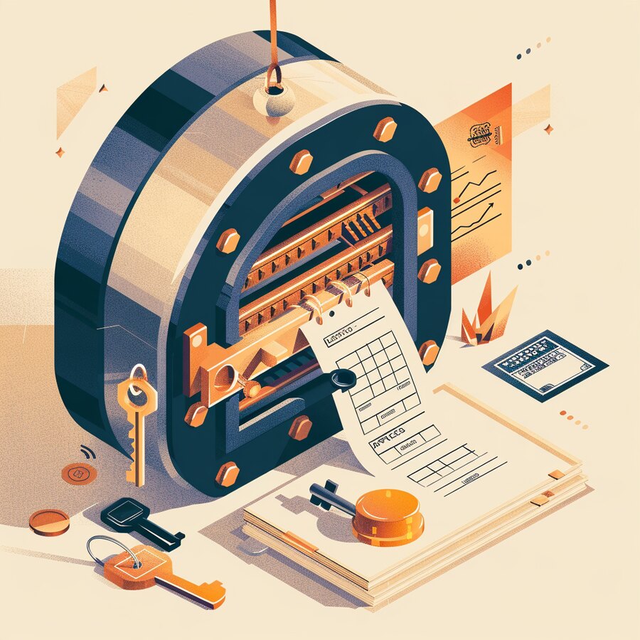 An open vault with its keys still safely on a hook while a printed ledger of falsified figures feeds out and a stamp approves it