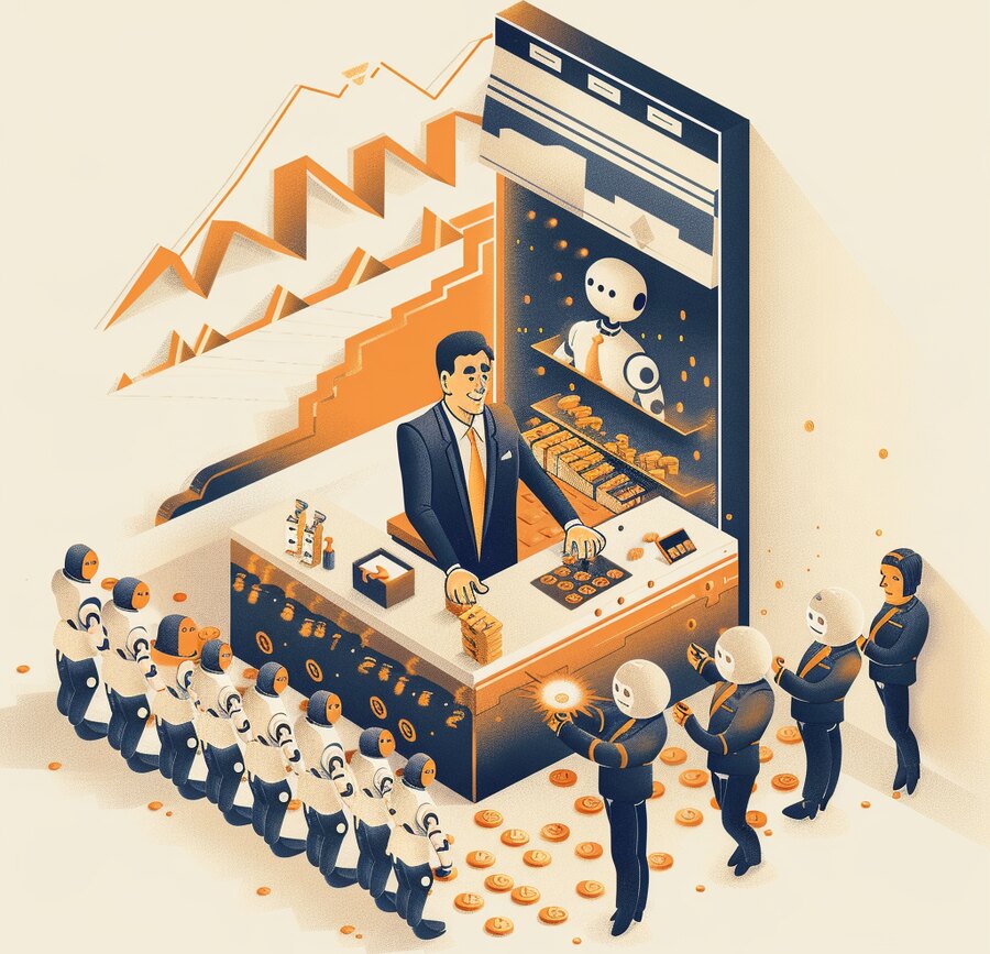 A businessman at a website-storefront counter serving a queue that is half robots and half humans, with a split human-vs-machine chart behind him