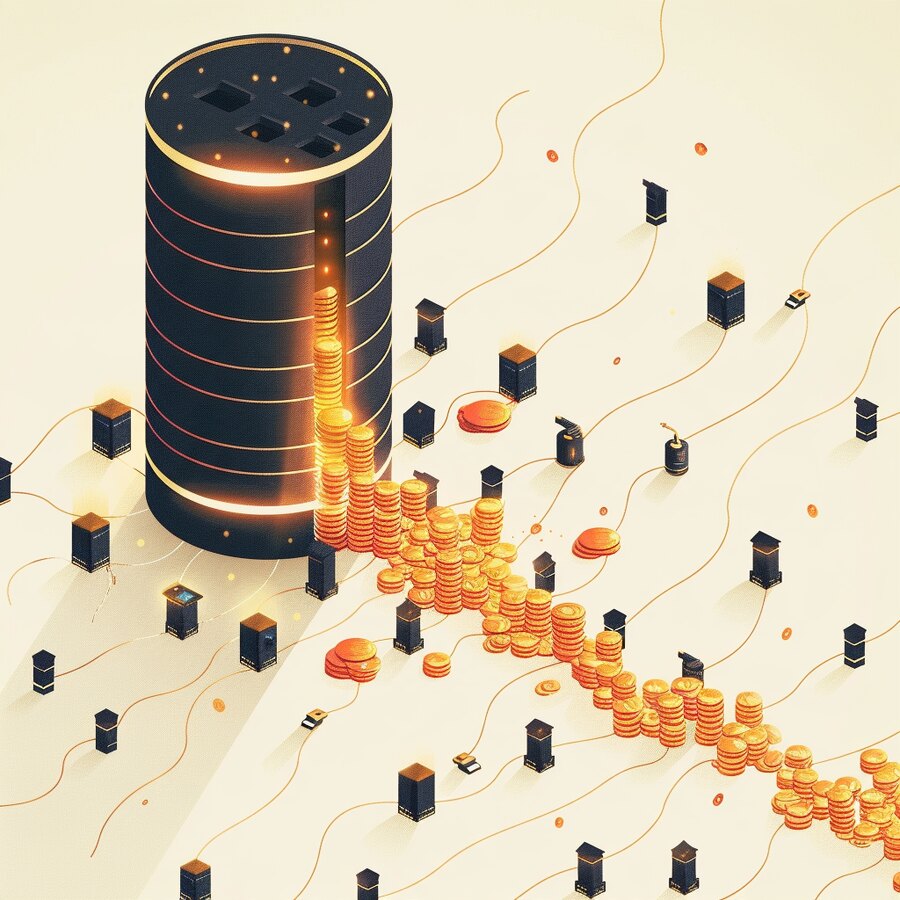 A single enormous data-center tower fed by a river of gold coins while many small server nodes are tethered to it by thin cords