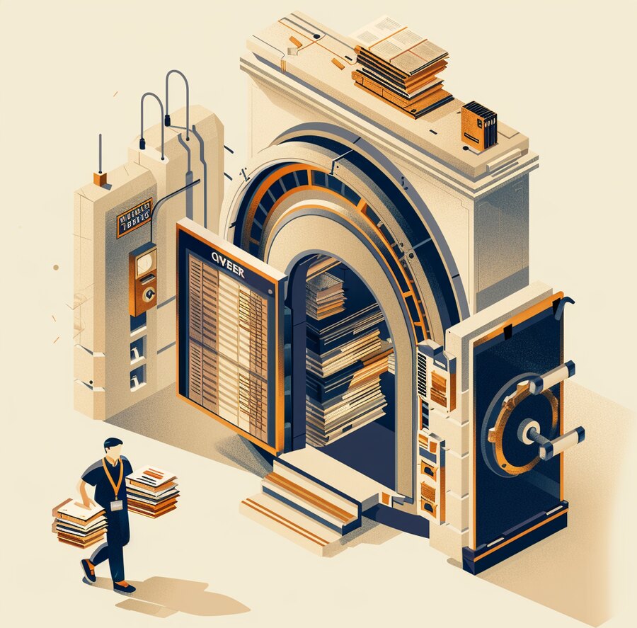 A grand records vault with a side door wide open as a figure wearing a partner lanyard calmly carries out stacks of files, main locks untouched
