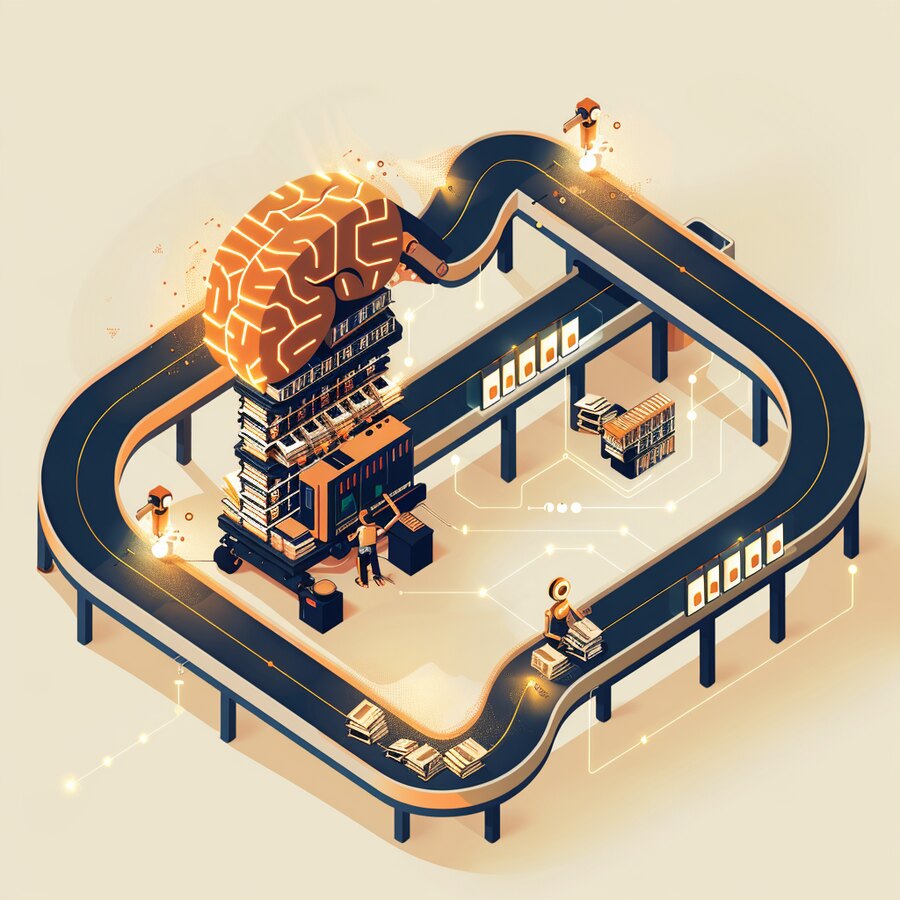Two conveyor pipelines feeding a glowing AI brain, a slim metadata lane of index cards kept separate from a wide data lane of blocks, a sorting robot