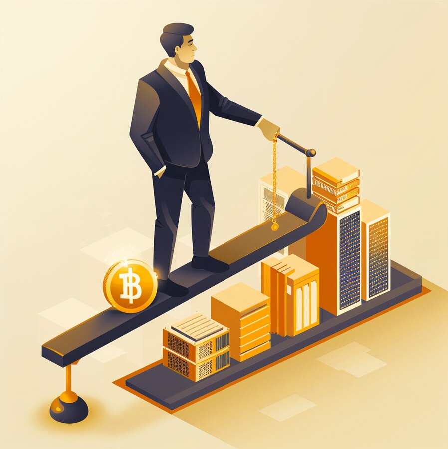 A businessman on a seesaw balancing a single small coin against a towering stack of servers and gold that far outweighs it