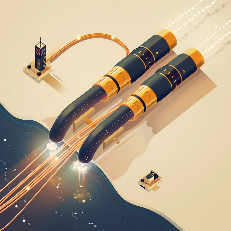 Thick glowing fiber-optic subsea cables arcing across the ocean floor between two coastal landing stations with streams of light-data
